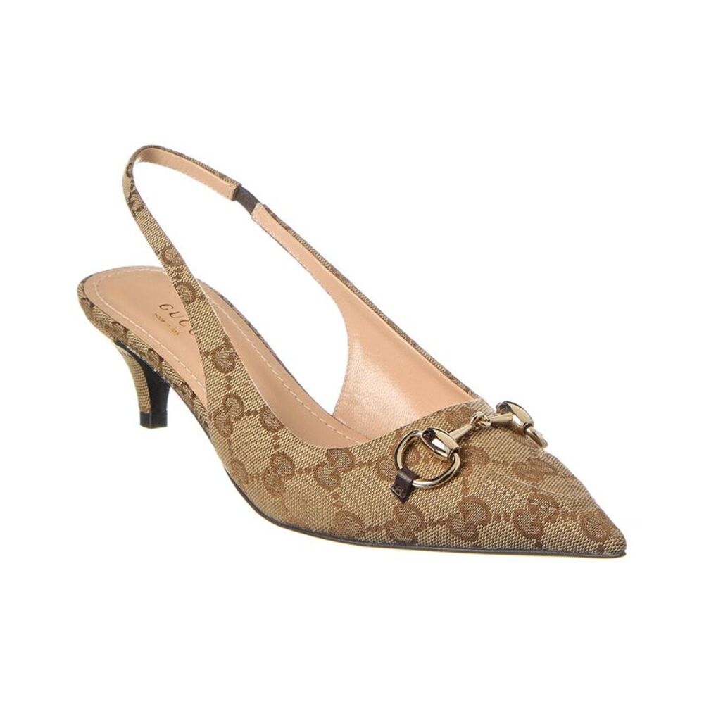 Gucci Horsebit Gg Canvas Slingback Pump, Beige